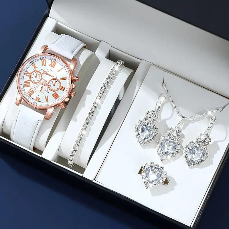 1pc Set of Fashionable Women'S Sky Blue Roman Quartz UP Faux Leather Watch And 5pcs of Heart Sky Blue Accessories Set. Eid, Valentine'S Day, Easter Gift for Mom