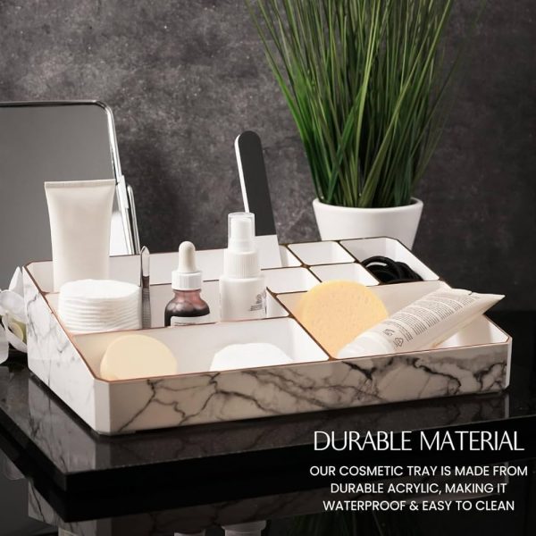 9 Compartment Marble Look Makeup Organiser | Marble Acrylic Makeup Organiser – Perfume Holder, Vanity Storage And Cosmetic Storage – White