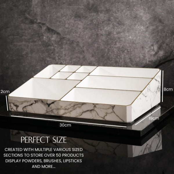 9 Compartment Marble Look Makeup Organiser | Marble Acrylic Makeup Organiser – Perfume Holder, Vanity Storage And Cosmetic Storage – White