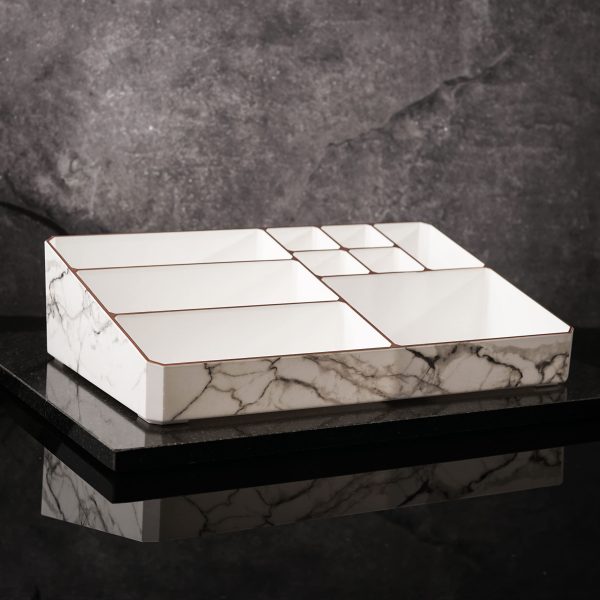 9 Compartment Marble Look Makeup Organiser | Marble Acrylic Makeup Organiser – Perfume Holder, Vanity Storage And Cosmetic Storage – White