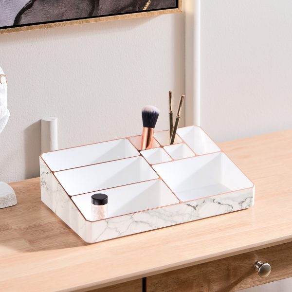 9 Compartment Marble Look Makeup Organiser | Marble Acrylic Makeup Organiser – Perfume Holder, Vanity Storage And Cosmetic Storage – White