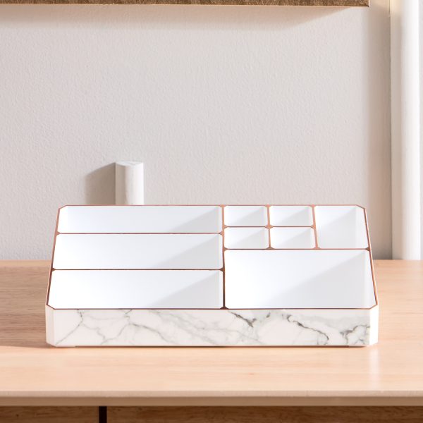 9 Compartment Marble Look Makeup Organiser | Marble Acrylic Makeup Organiser – Perfume Holder, Vanity Storage And Cosmetic Storage – White