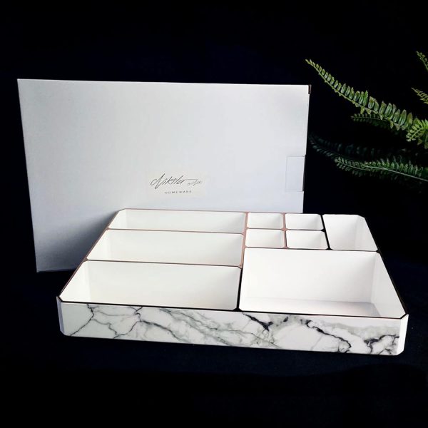 9 Compartment Marble Look Makeup Organiser | Marble Acrylic Makeup Organiser – Perfume Holder, Vanity Storage And Cosmetic Storage – White