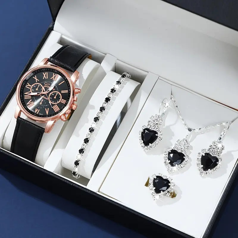 1pc Set of Fashionable Women'S Sky Blue Roman Quartz UP Faux Leather Watch And 5pcs of Heart Sky Blue Accessories Set. Eid, Valentine'S Day, Easter Gift for Mom