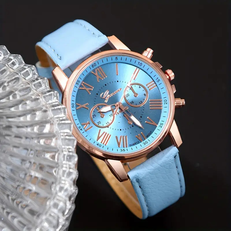 1pc Set of Fashionable Women'S Sky Blue Roman Quartz UP Faux Leather Watch And 5pcs of Heart Sky Blue Accessories Set. Eid, Valentine'S Day, Easter Gift for Mom