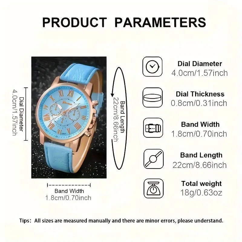 1pc Set of Fashionable Women'S Sky Blue Roman Quartz UP Faux Leather Watch And 5pcs of Heart Sky Blue Accessories Set. Eid, Valentine'S Day, Easter Gift for Mom
