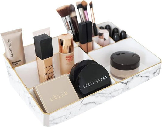 9 Compartment Marble Look Makeup Organiser | Marble Acrylic Makeup Organiser – Perfume Holder, Vanity Storage And Cosmetic Storage – White